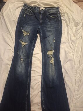 Dark Blue Distressed Flare Jeans — Women’s Wide Leg